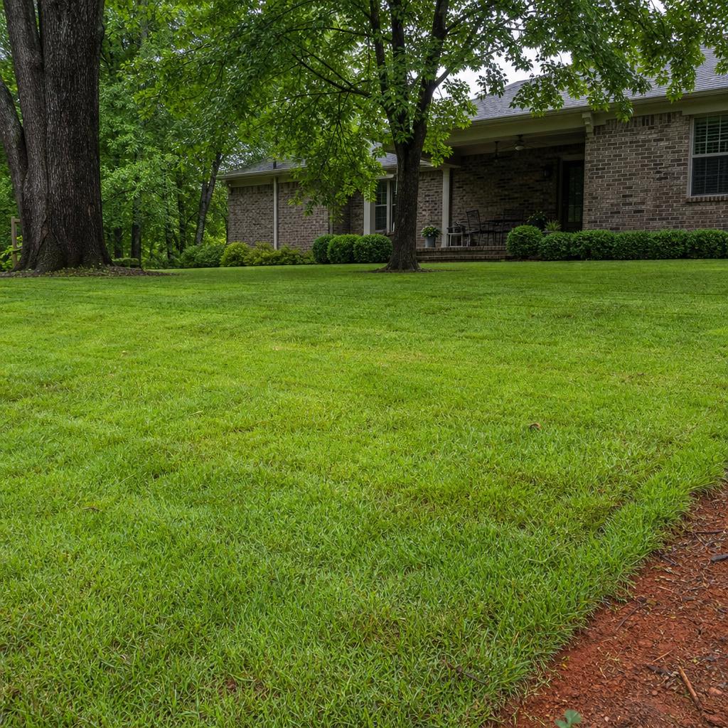 Birmingham residential lawn with mature trees and a natural red-soil edge