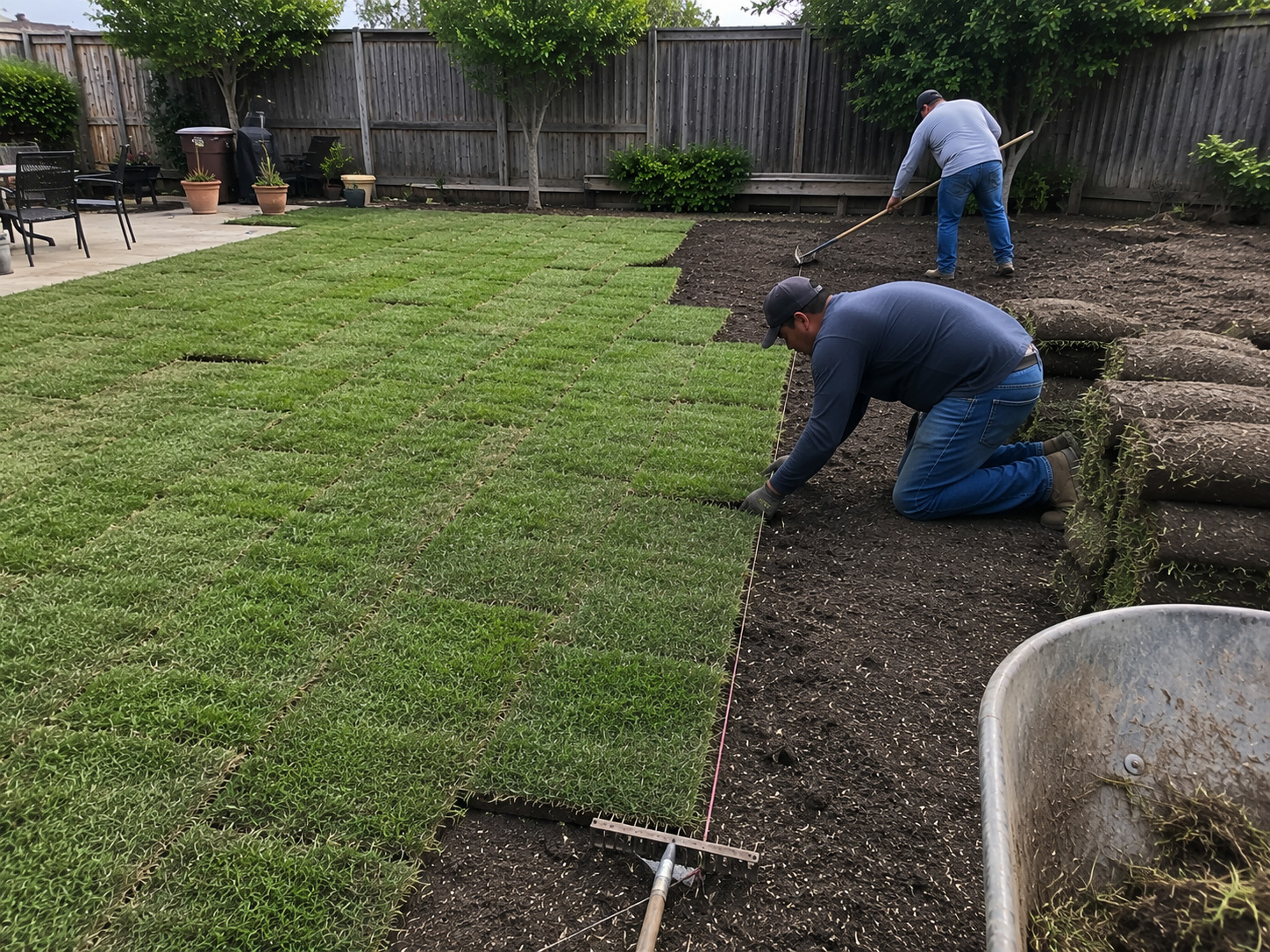 Workers laying sod slabs across a prepared backyard lawn
